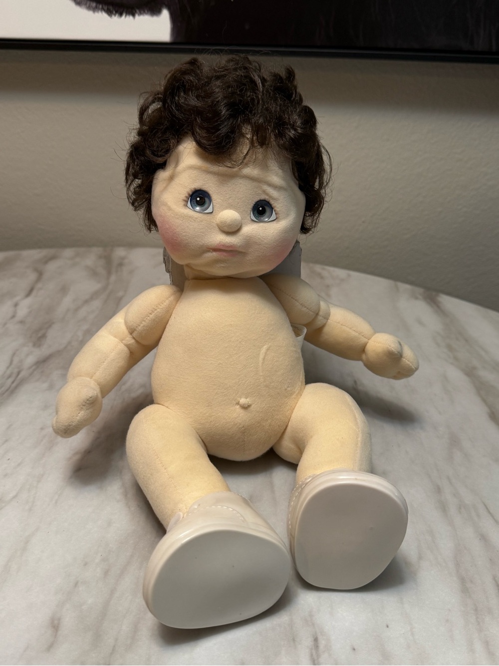 1985 Mattel My Child Doll featuring dark brown hair and blue eyes